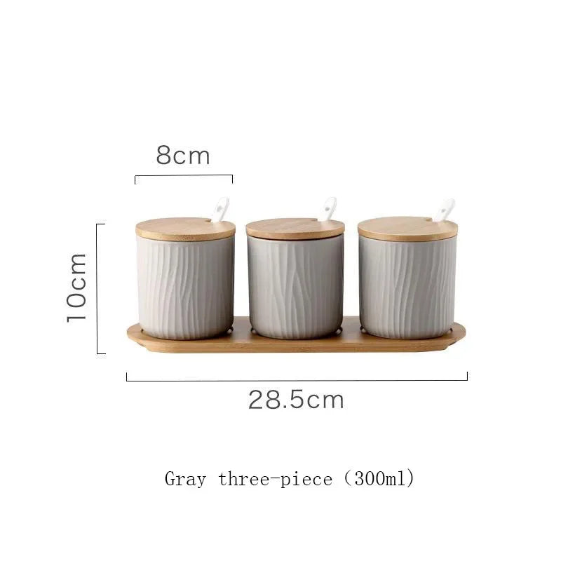 Conjunto Frasco de Temperos de Cerâmica com Tampa de Bambu e Colher – Design Nórdico 300ML