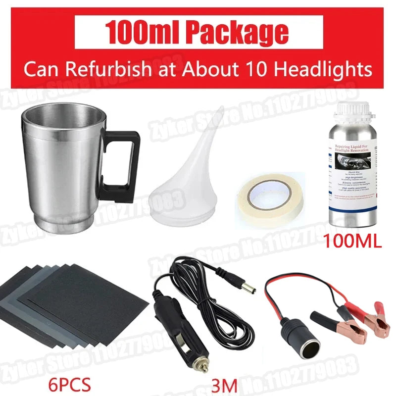 Car Headlight Restoration Kit with Chemical Polishing – Automotive Tool with Repair Fluid and Accessories