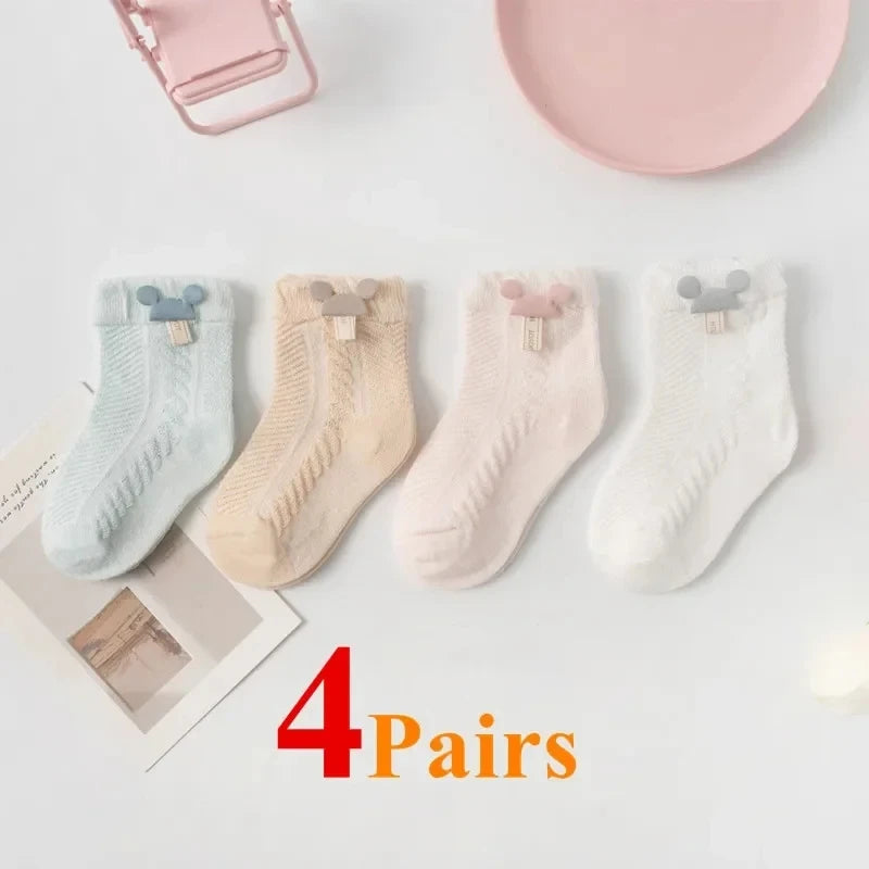 Lot de 4 paires de chaussettes fines pour bébé – Coton respirant, style mignon et confort pour l'été