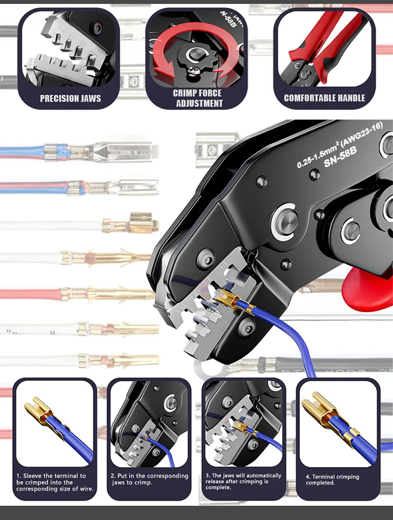 Alicate de Crimpagem SN-58B para Terminais Dupont, Molex, JST e SATA | 23-16 AWG (0,25-1,5mm²) | Barril Aberto Não Isolado