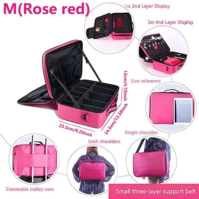 Estojo de Maquiagem Profissional com Grande Capacidade | Organizador Feminino Portátil para Viagem, Cosméticos e Esmaltes
