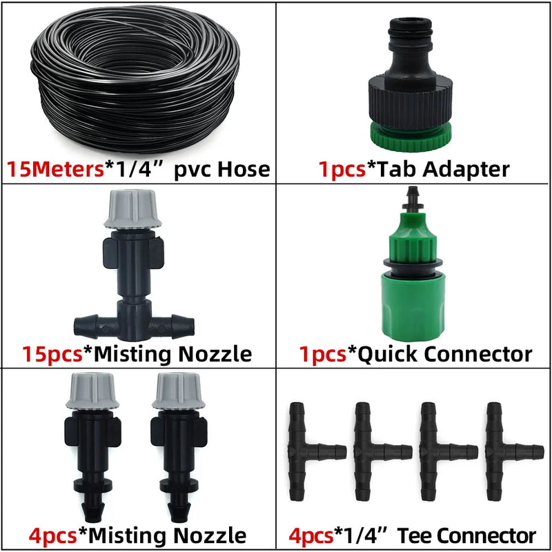 Sistema de Nebulização para Jardim 5–30m | Mangueira 1/4", Bicos de Bronze, Refrigeração e Irrigação para Estufas, Pátios e Áreas Externas