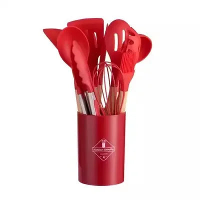 Kit 12 Utensílios de Cozinha em Silicone com Cabo de Madeira – Antiaderente e Resistente ao Calor