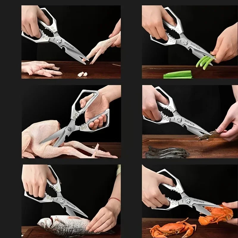 Ciseaux de cuisine professionnels 5 en 1 – Coupent les os, les fruits de mer, cassent les noix et ouvrent les bouteilles avec précision et force