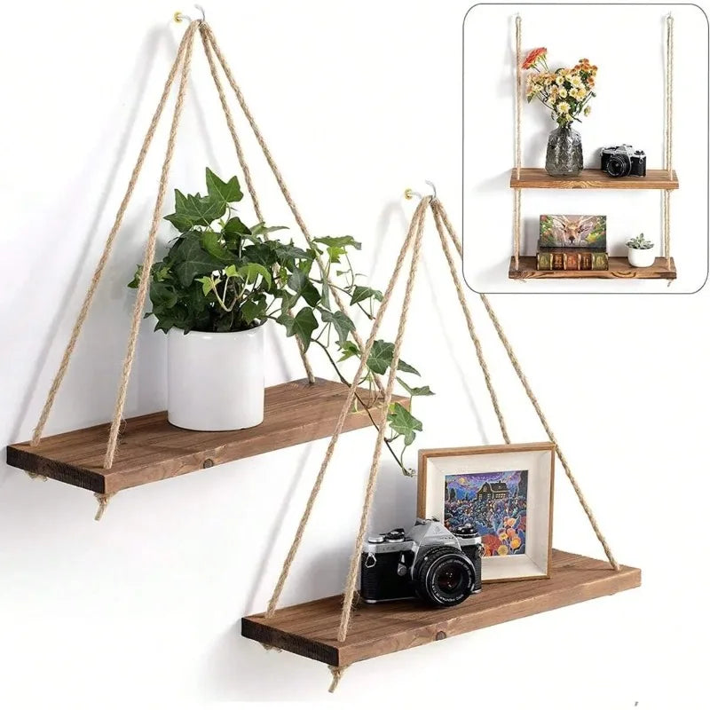 Prateleira Suspensa de Madeira com Corda Boho – Estilo Rústico para Quarto, Sala e Banheiro | 35x14cm