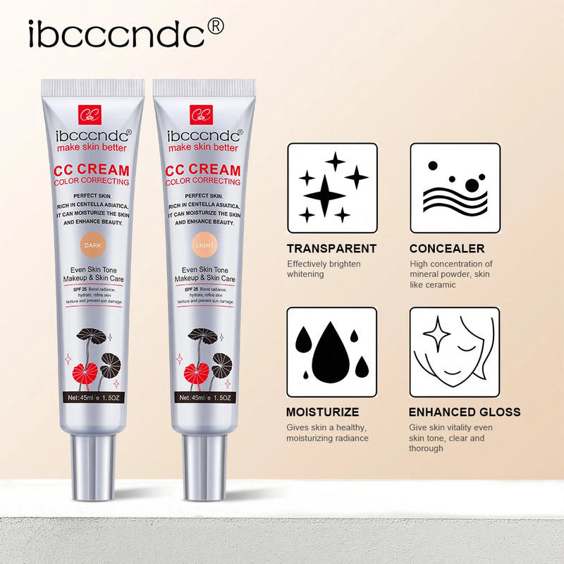 CC Cream Facial com Centella Asiática 45ml ou 15ml – Correção de Cor, Clareamento e Hidratação | Base Natural com Adaptação ao Tom da Pele | ibcccndc