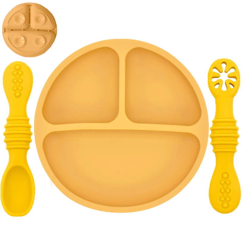Ensemble en silicone pour enfants : assiette, cuillère à riz et bol avec ventouse et design amusant