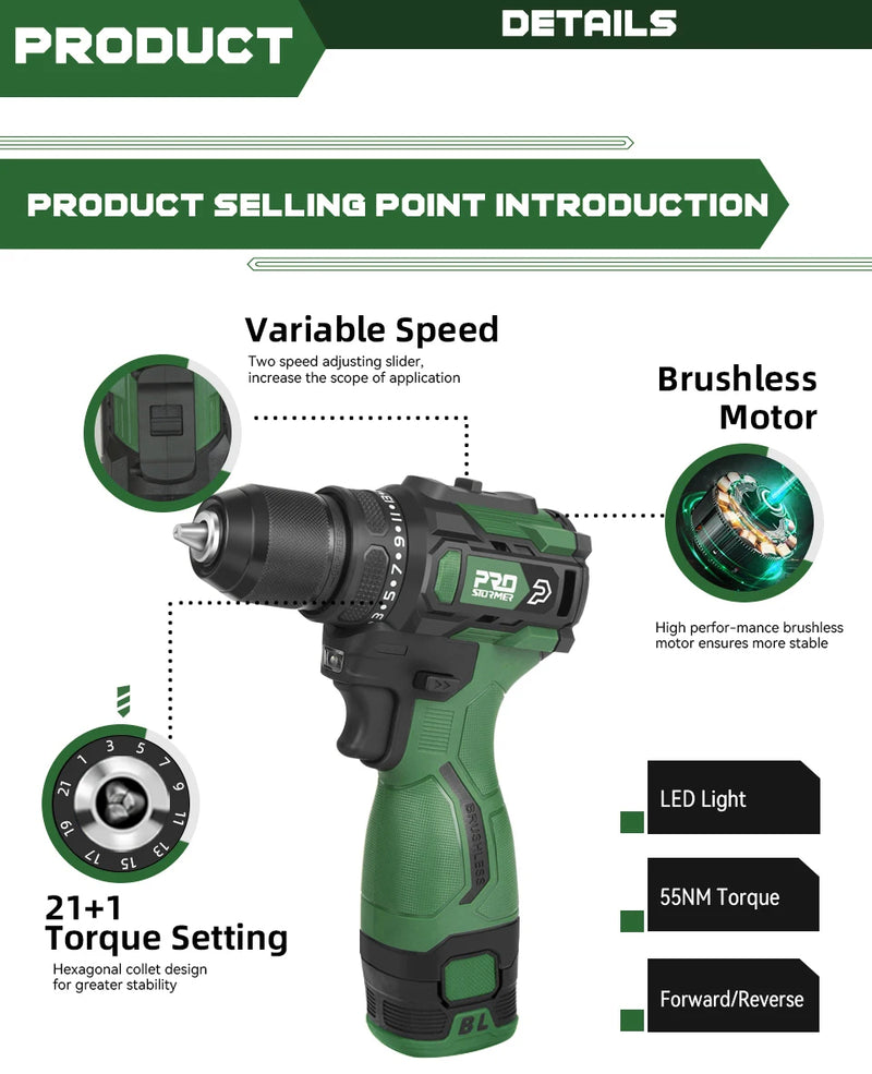 Furadeira Elétrica Sem Fio 17V Prostormer, 55Nm, Brushless, Bateria Li-ion, Mini Parafusadeira com 5 Bits