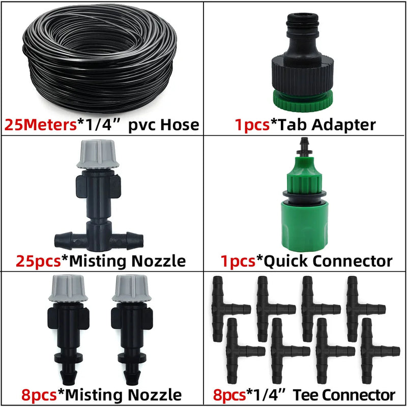 Sistema de Nebulização para Jardim 5–30m | Mangueira 1/4", Bicos de Bronze, Refrigeração e Irrigação para Estufas, Pátios e Áreas Externas