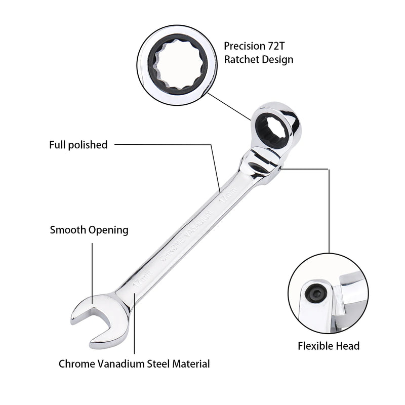 Chave de Catraca 72 Dentes com Cabeça Flexível, 6mm a 27mm, Ferramenta Manual de Alta Precisão para Reparo Automotivo e Doméstico, 1 Peça