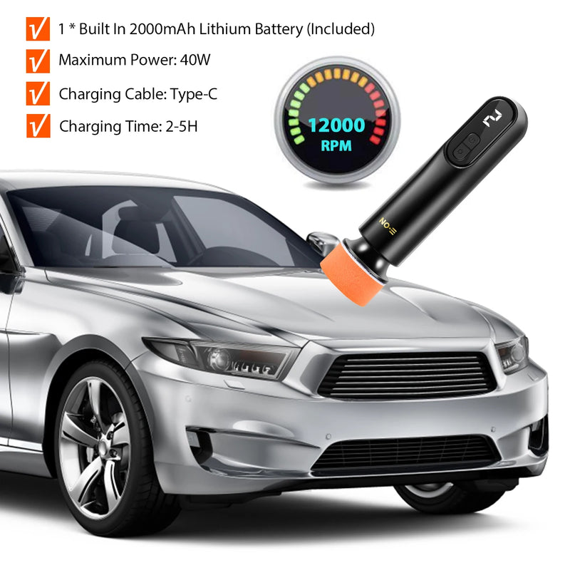 Polisseuse de voiture portable sans fil 3 vitesses – Polisseuse LED rechargeable par USB-C