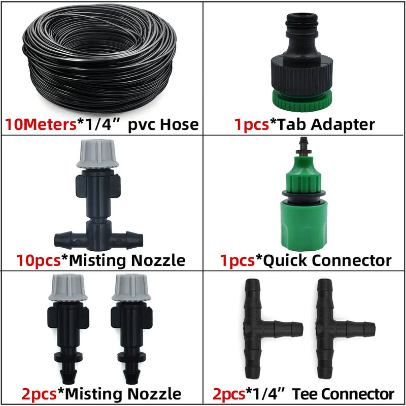 Sistema de Nebulização para Jardim 5–30m | Mangueira 1/4", Bicos de Bronze, Refrigeração e Irrigação para Estufas, Pátios e Áreas Externas