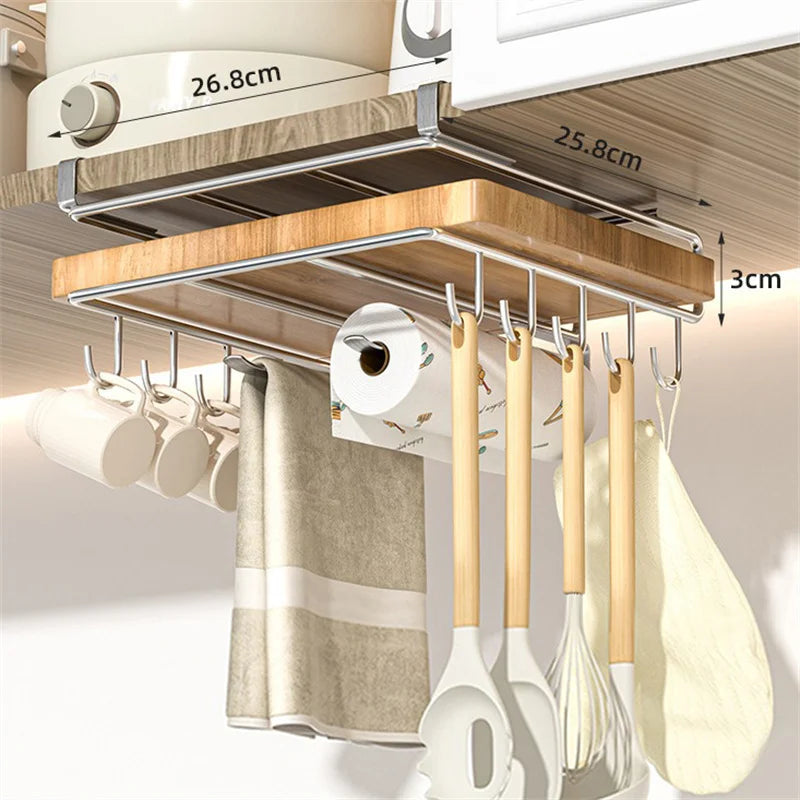 Organisateur de cuisine en acier inoxydable avec crochets – Support de suspension polyvalent pour serviettes, couvercles, planches à découper et ustensiles