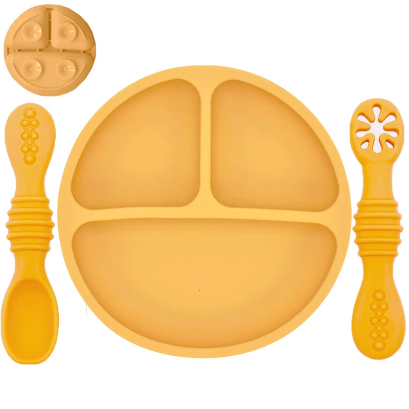 Ensemble en silicone pour enfants : assiette, cuillère à riz et bol avec ventouse et design amusant
