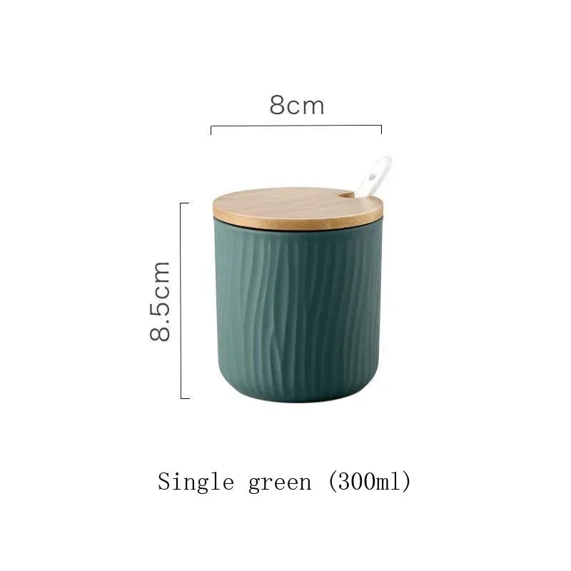 Conjunto Frasco de Temperos de Cerâmica com Tampa de Bambu e Colher – Design Nórdico 300ML