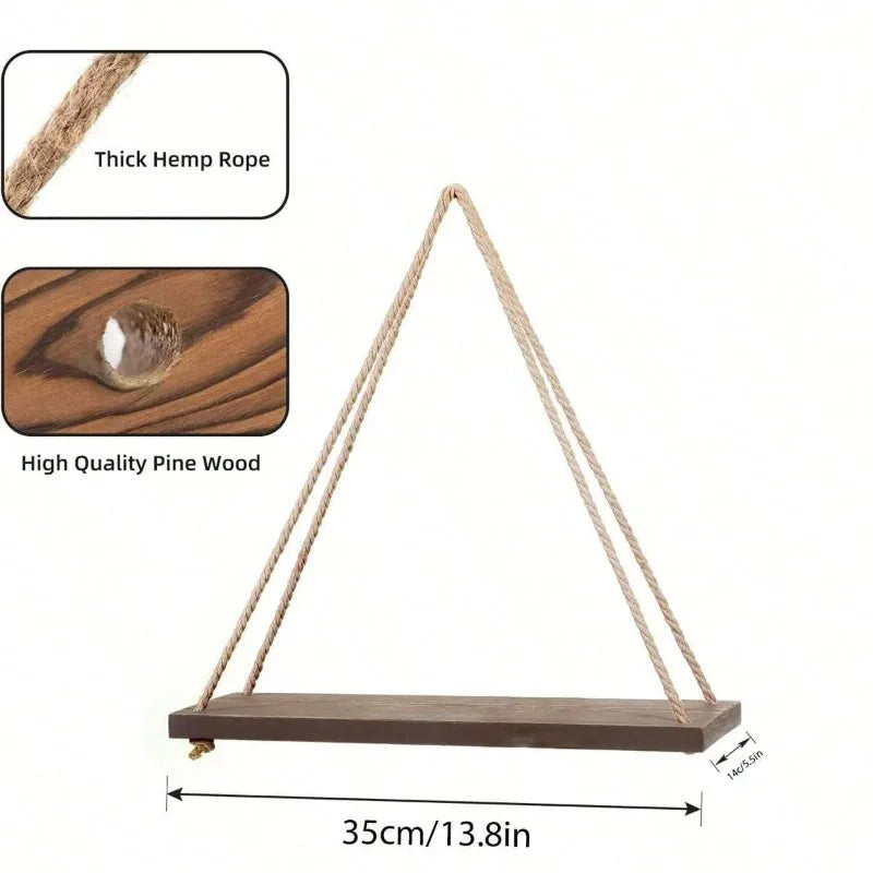 Prateleira Suspensa de Madeira com Corda Boho – Estilo Rústico para Quarto, Sala e Banheiro | 35x14cm