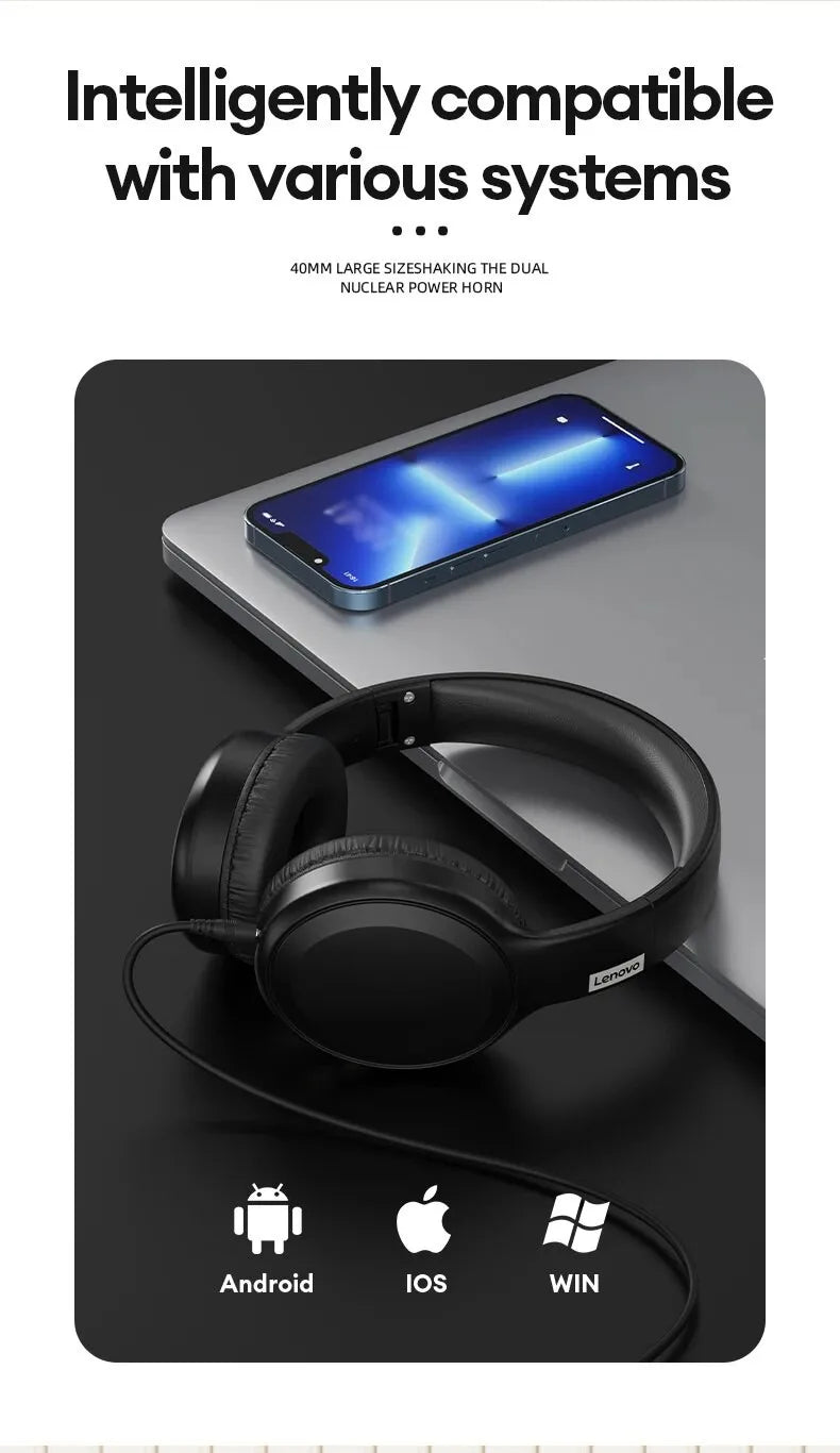Fone de Ouvido Lenovo TH30 | Bluetooth 5.3 Dobrável | Microfone | Estéreo Potente para Música, Jogo e Esporte