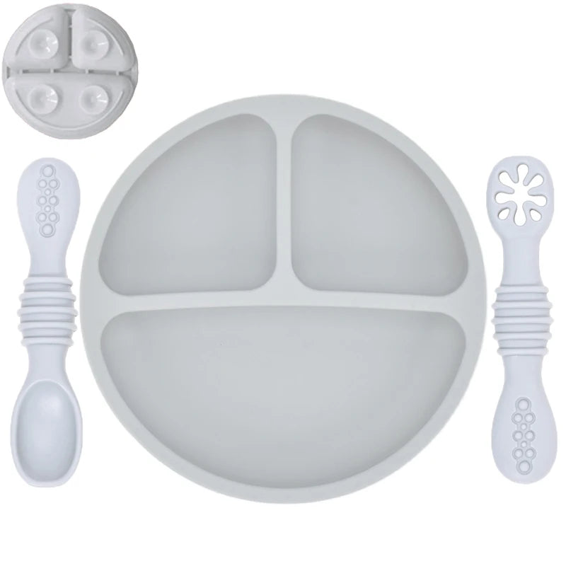 Ensemble en silicone pour enfants : assiette, cuillère à riz et bol avec ventouse et design amusant
