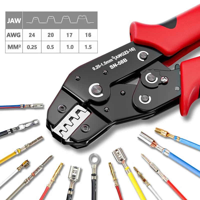 Alicate de Crimpagem SN-58B para Terminais Dupont, Molex, JST e SATA | 23-16 AWG (0,25-1,5mm²) | Barril Aberto Não Isolado