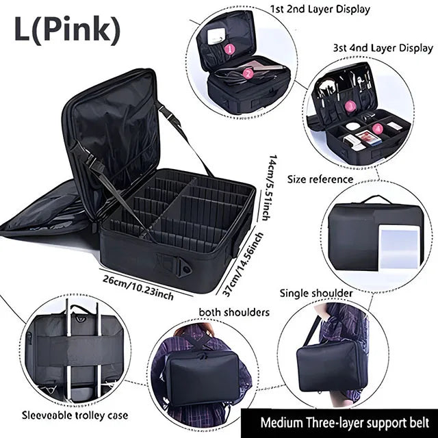 Estojo de Maquiagem Profissional com Grande Capacidade | Organizador Feminino Portátil para Viagem, Cosméticos e Esmaltes