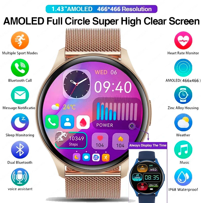 Smartwatch 1,43” AMOLED HD 2025 – Ligações Bluetooth – Compatível com Xiaomi Huawei – Masculino e Feminino