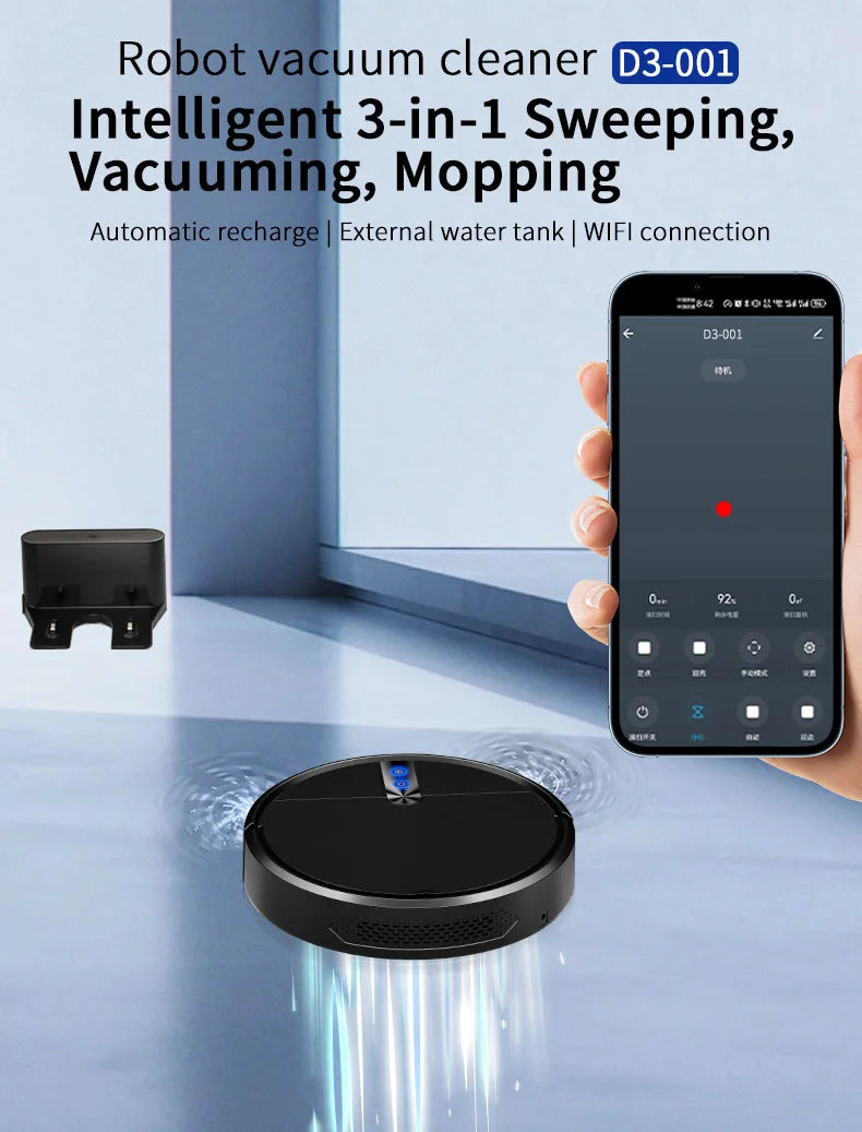 Aspirador Robô D3 – 3600Pa, App Inteligente, Limpeza a Seco e Úmido com Mapeamento