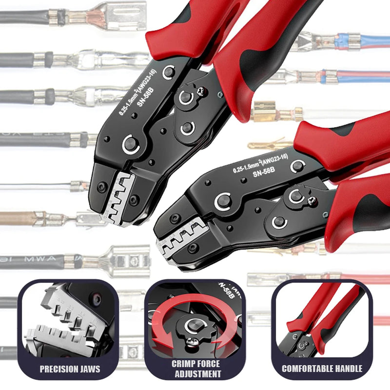 Alicate de Crimpagem SN-58B para Terminais Dupont, Molex, JST e SATA | 23-16 AWG (0,25-1,5mm²) | Barril Aberto Não Isolado