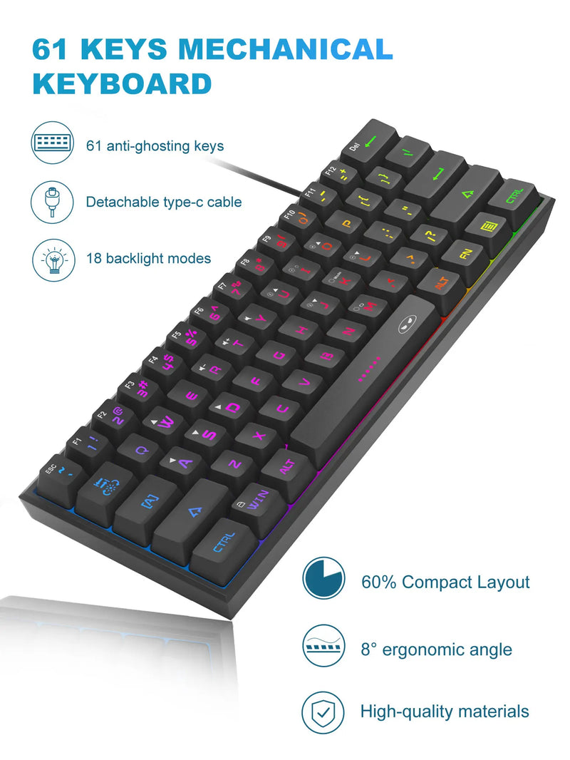 Clavier de jeu MageGee TS91 | 60 % Mini RVB | 61 touches | Sensation mécanique | Ergonomique et résistant à l'eau | Idéal pour les jeux et le bureau