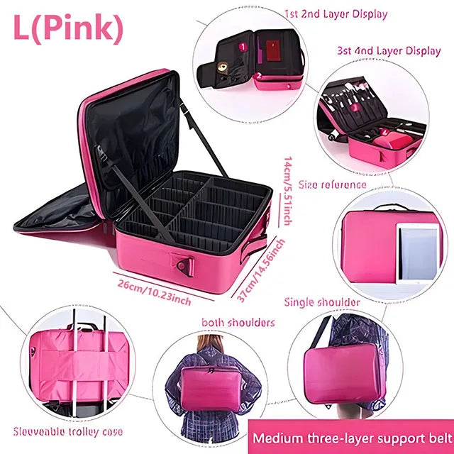 Estojo de Maquiagem Profissional com Grande Capacidade | Organizador Feminino Portátil para Viagem, Cosméticos e Esmaltes