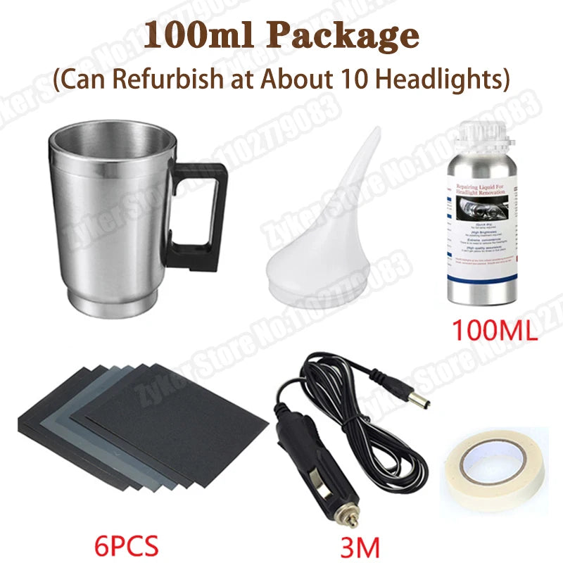 Car Headlight Restoration Kit with Chemical Polishing – Automotive Tool with Repair Fluid and Accessories