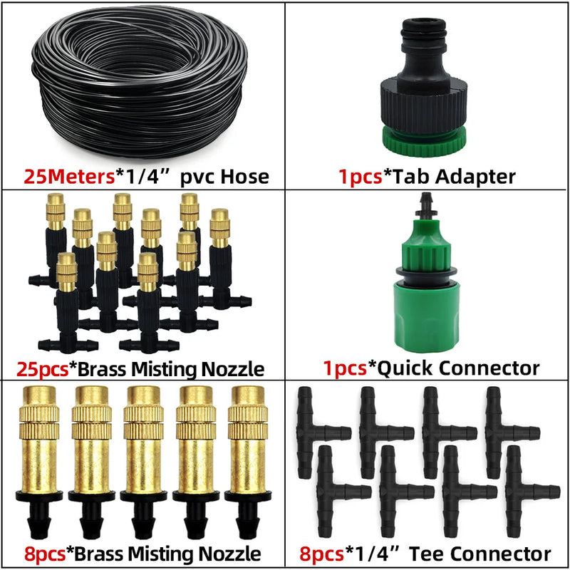 Sistema de Nebulização para Jardim 5–30m | Mangueira 1/4", Bicos de Bronze, Refrigeração e Irrigação para Estufas, Pátios e Áreas Externas