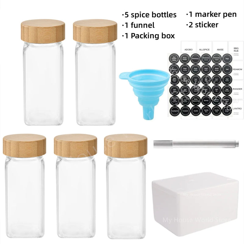 Kit 12 Potes de Temperos de Vidro com Tampa de Bambu e Etiquetas – 120ML