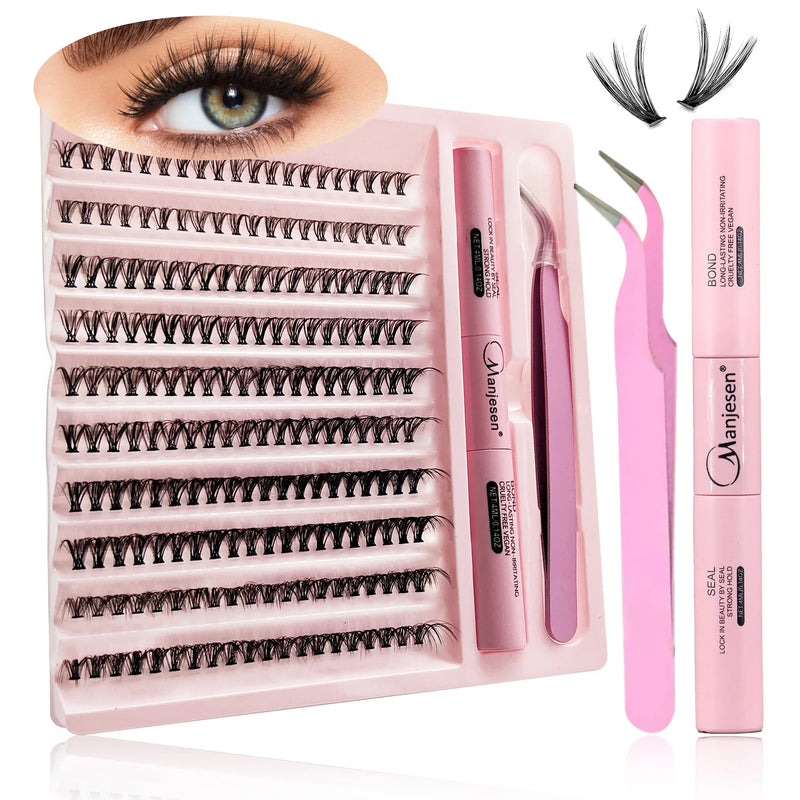 LASHVANA DIY Eyelash Extension Kit 200 Pieces | Clusters + Bond &amp; Seal Glue + Tweezers | Natural &amp; Long Lasting Lashes | For Beginners