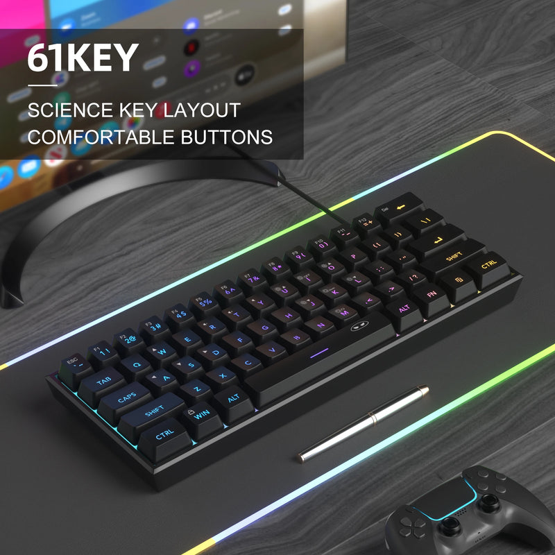 Clavier de jeu MageGee TS91 | 60 % Mini RVB | 61 touches | Sensation mécanique | Ergonomique et résistant à l'eau | Idéal pour les jeux et le bureau