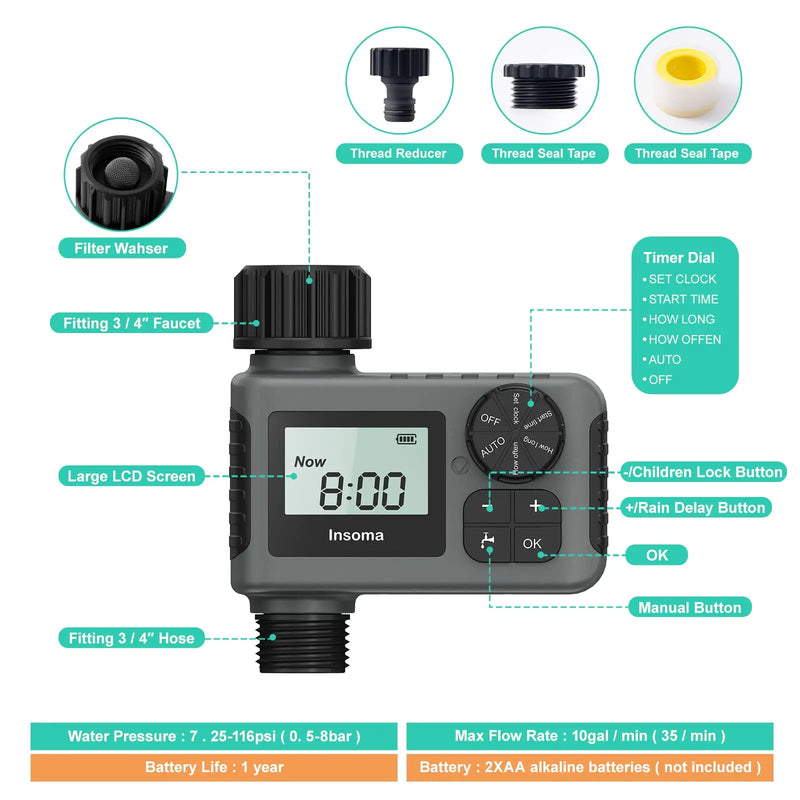 Minuterie d'arrosage automatique LCD INSOMA | Programmateur étanche IPX5 | 3 modes d'arrosage | Pour jardin, serre, goutte à goutte, pelouse