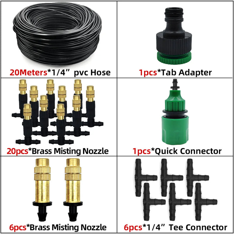 Sistema de Nebulização para Jardim 5–30m | Mangueira 1/4", Bicos de Bronze, Refrigeração e Irrigação para Estufas, Pátios e Áreas Externas
