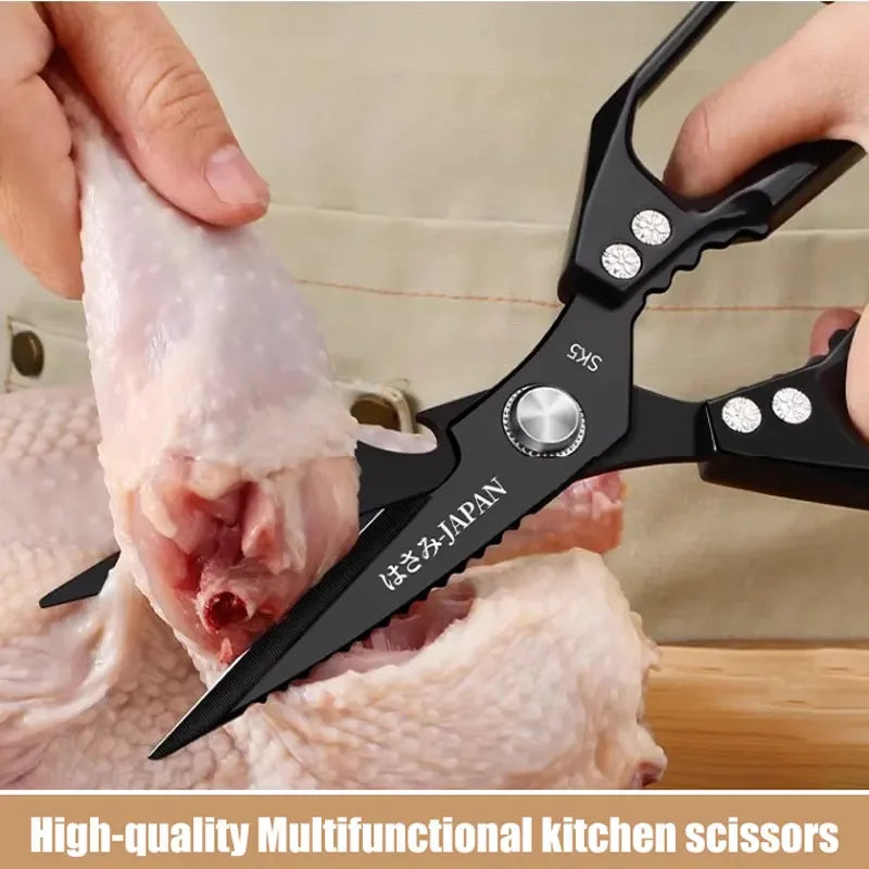 Ciseaux de cuisine professionnels 5 en 1 – Coupent les os, les fruits de mer, cassent les noix et ouvrent les bouteilles avec précision et force