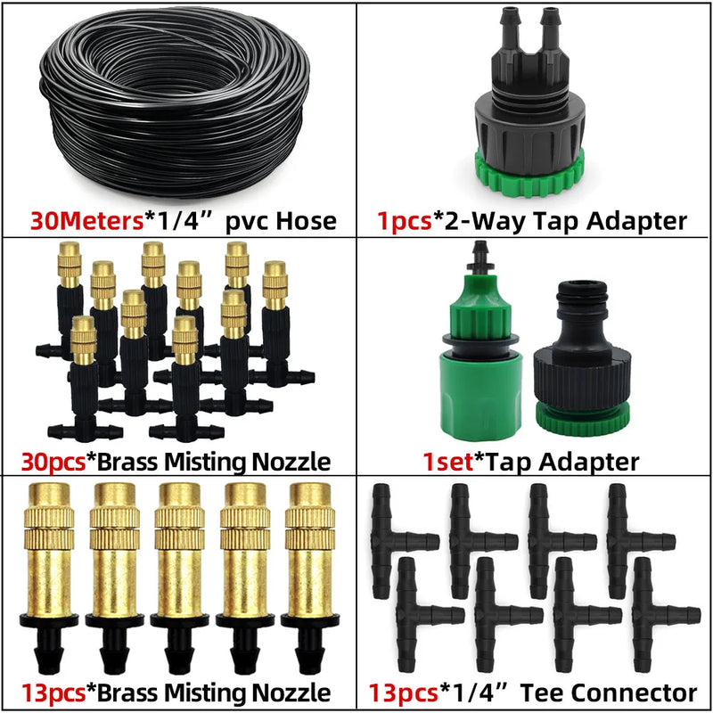 Sistema de Nebulização para Jardim 5–30m | Mangueira 1/4", Bicos de Bronze, Refrigeração e Irrigação para Estufas, Pátios e Áreas Externas