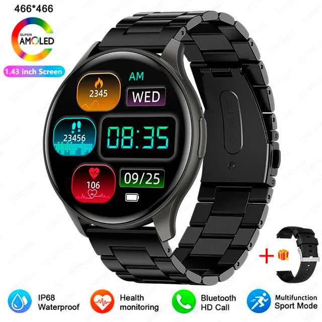Smartwatch 1,43” AMOLED HD 2025 – Ligações Bluetooth – Compatível com Xiaomi Huawei – Masculino e Feminino