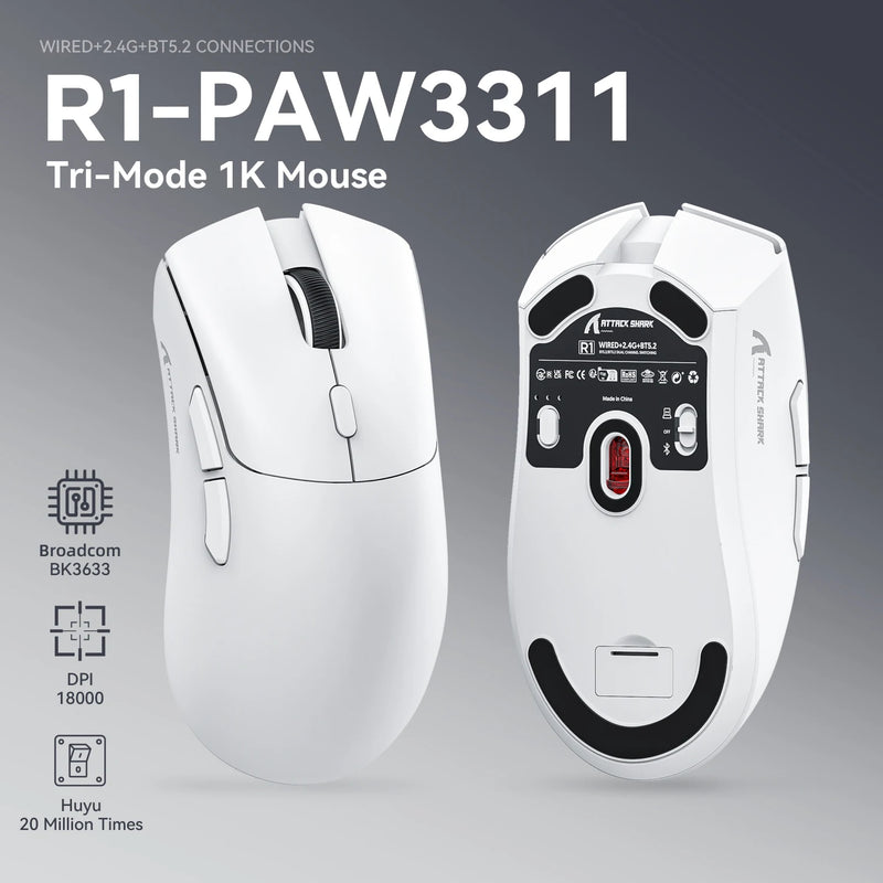 Attack Shark R1 – Mouse Gamer Profissional 18000 DPI, Sensor PAW3311, 1000Hz, Conexão Bluetooth/2.4G/USB, Macros Avançados