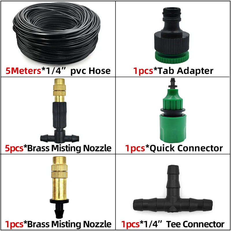 Sistema de Nebulização para Jardim 5–30m | Mangueira 1/4", Bicos de Bronze, Refrigeração e Irrigação para Estufas, Pátios e Áreas Externas