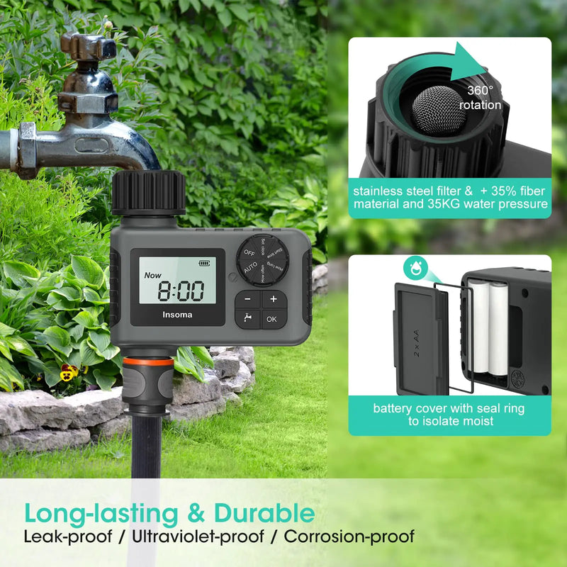 Minuterie d'arrosage automatique LCD INSOMA | Programmateur étanche IPX5 | 3 modes d'arrosage | Pour jardin, serre, goutte à goutte, pelouse