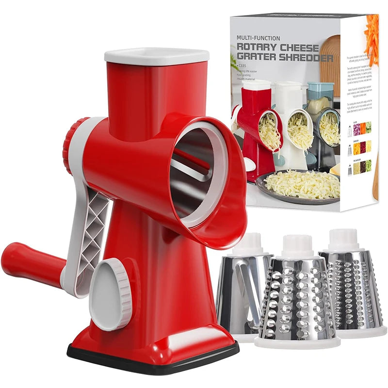 Râpe manuelle rotative 3 en 1 Lmetjma : tranchez, râpez et effilochez fromage, légumes et noix en toute simplicité.