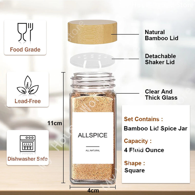 Kit 12 Potes de Temperos de Vidro com Tampa de Bambu e Etiquetas – 120ML