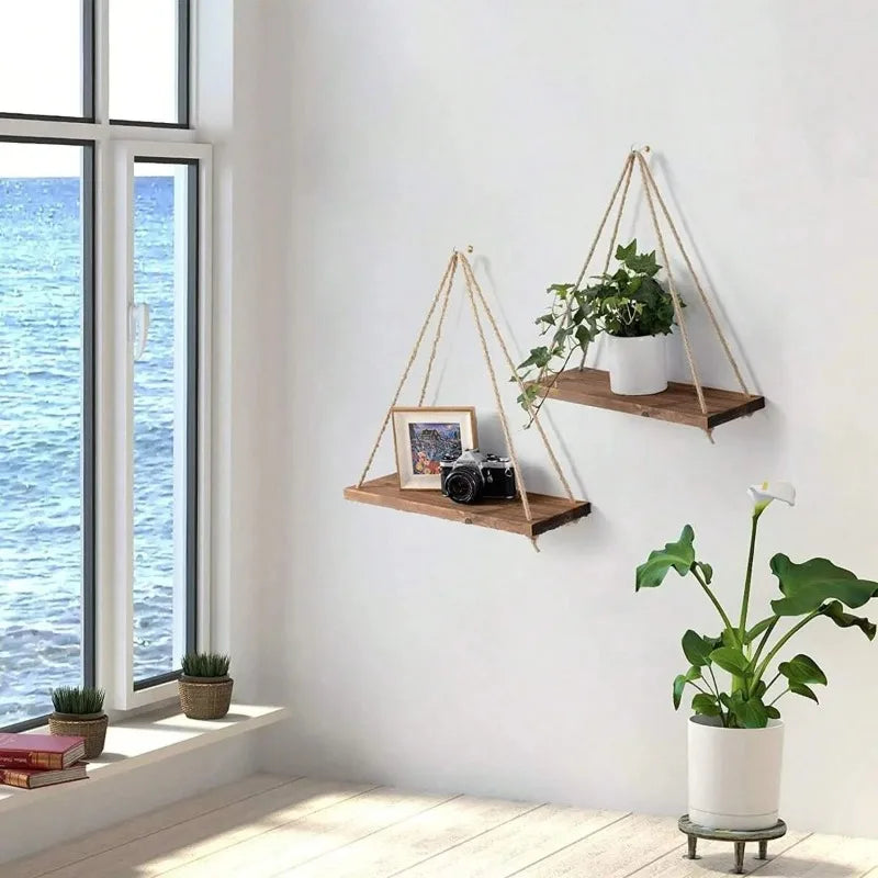 Prateleira Suspensa de Madeira com Corda Boho – Estilo Rústico para Quarto, Sala e Banheiro | 35x14cm