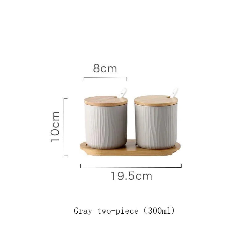 Conjunto Frasco de Temperos de Cerâmica com Tampa de Bambu e Colher – Design Nórdico 300ML