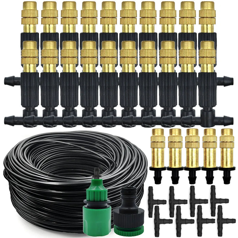 Sistema de Nebulização para Jardim 5–30m | Mangueira 1/4", Bicos de Bronze, Refrigeração e Irrigação para Estufas, Pátios e Áreas Externas