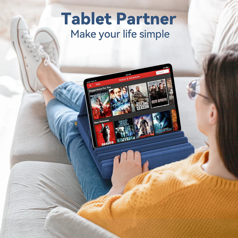 KDD Suporte Almofada para Tablet: Base Dobrável para iPad Pro, Tablets e eReaders - Dock Macio para Colo, Cama e Mesa com Bolso de Armazenamento e Suporte para Caneta Stylus