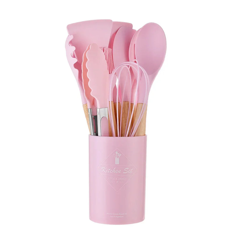 Kit 12 Utensílios de Cozinha em Silicone com Cabo de Madeira – Antiaderente e Resistente ao Calor