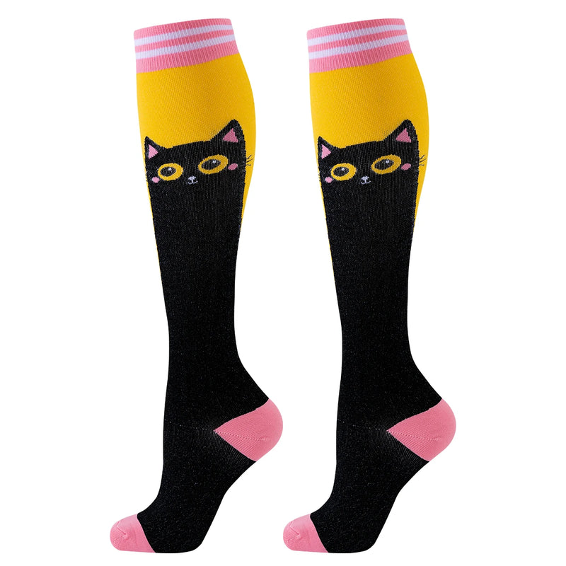 5 Pares de Meias de Compressão Unissex Estampa de Gato – Alta Compressão para Esporte, Viagem, Enfermagem e Uso Diário